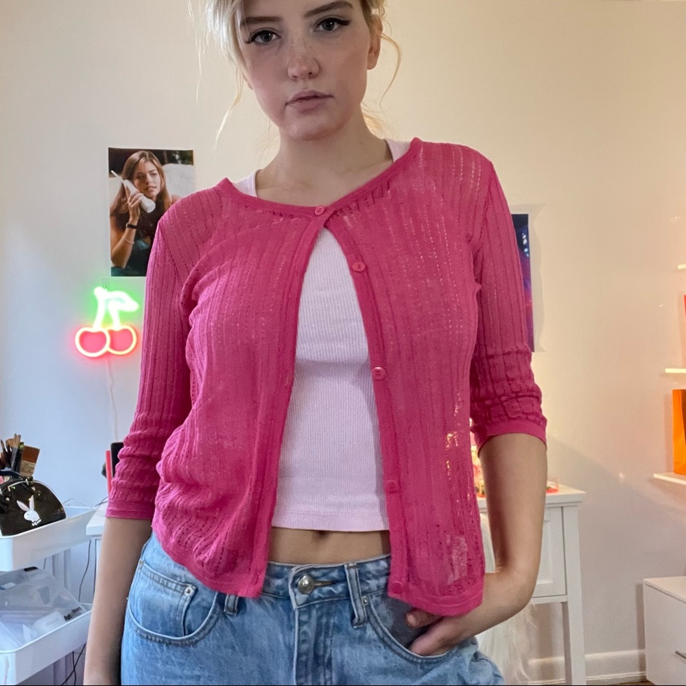 Super cute knit pink cardigan fits most like a S/M